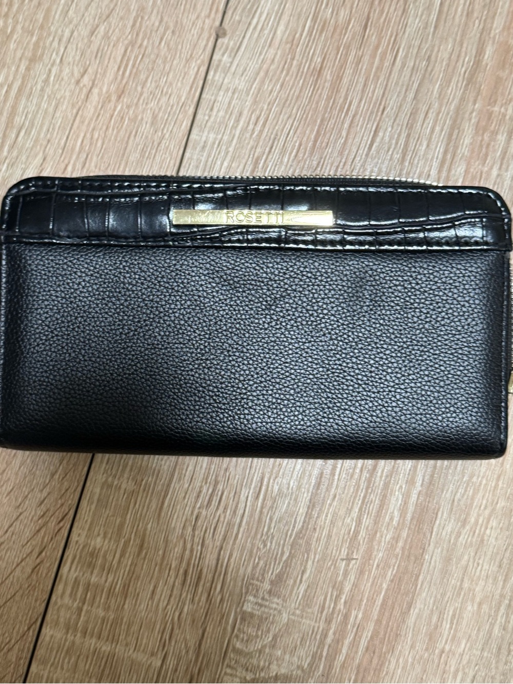 Rosetti Black Pebbled & Croc-Embossed Zip Wallet with Gold Plate